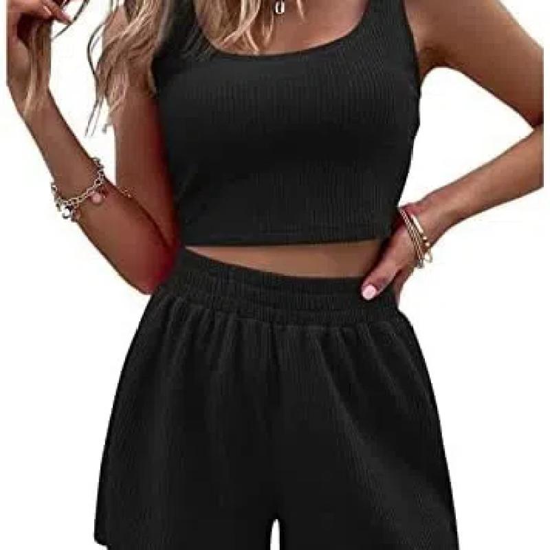 Conjuntos de duas peças de verão para mulheres, shorts, 2 peças, sem mangas, combinando, top curto e shorts de cintura alta