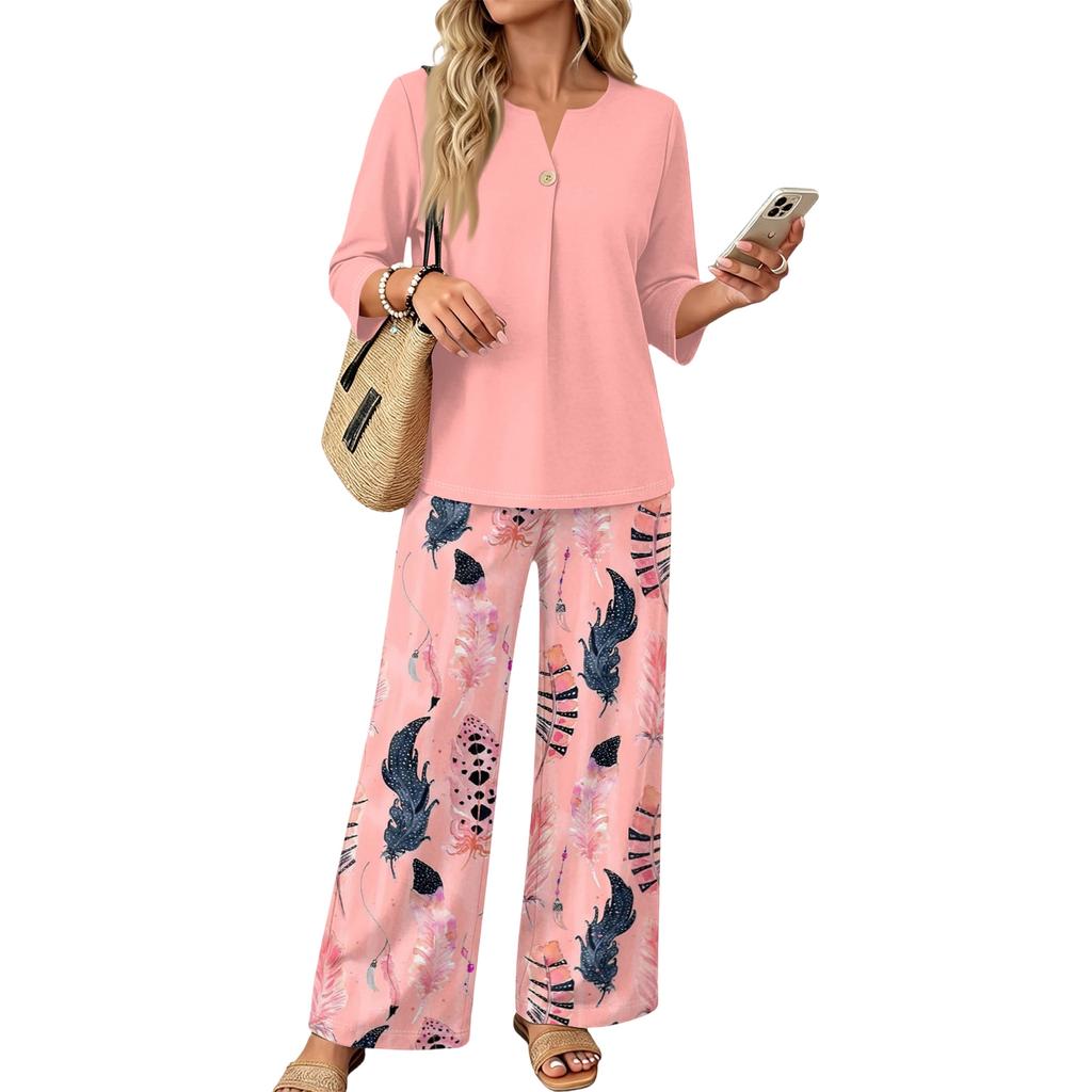 Women Casual Button Front Top with Three Quarter Sleeves and Printed Wide Leg Pants Two Piece Set Lightweight Comfortable Outfit