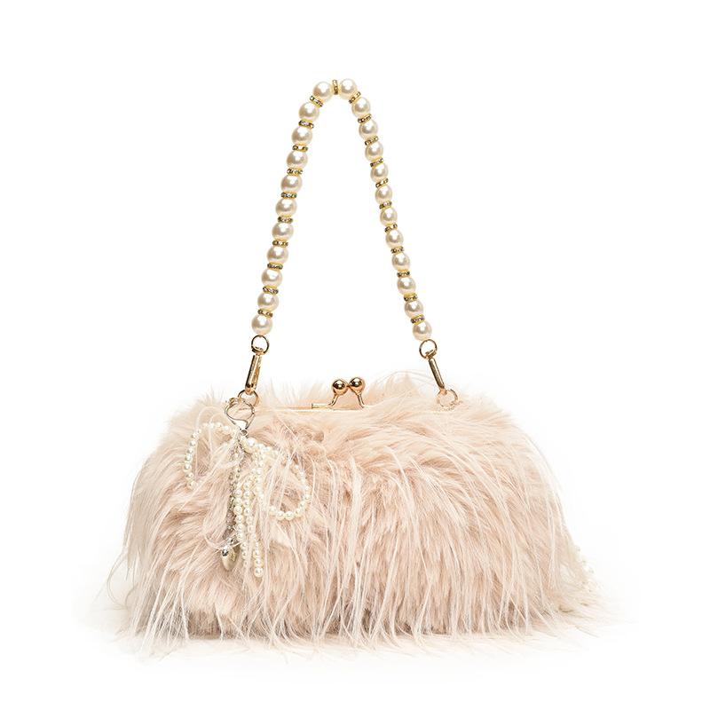 

Женская сумка из плюша в стиле ретро, цепочка с бахромой из жемчуга, пушистая сумка, европейская и американская сумка через плечо Fairy Wind With pendant
