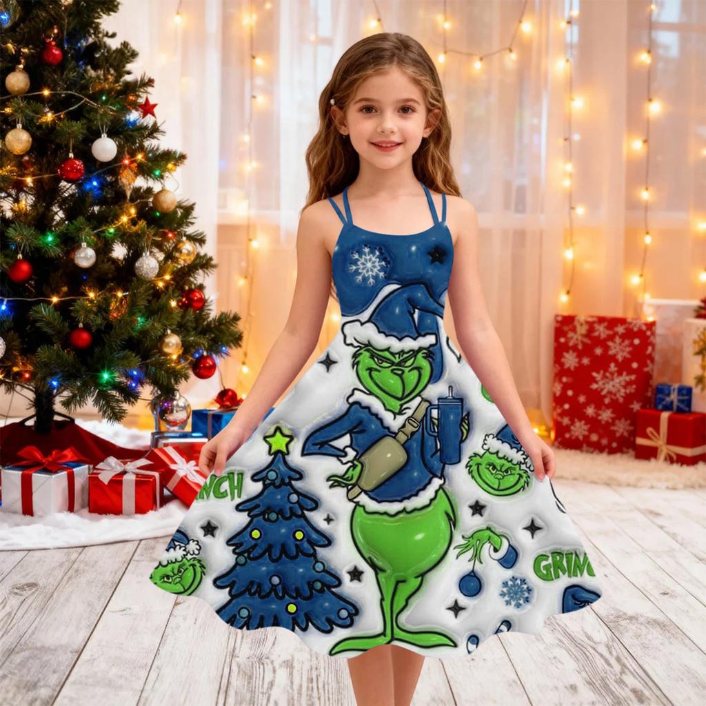 Children's Fashion Casual Christmas Print Off-Shoulder Punk Vintage Dress