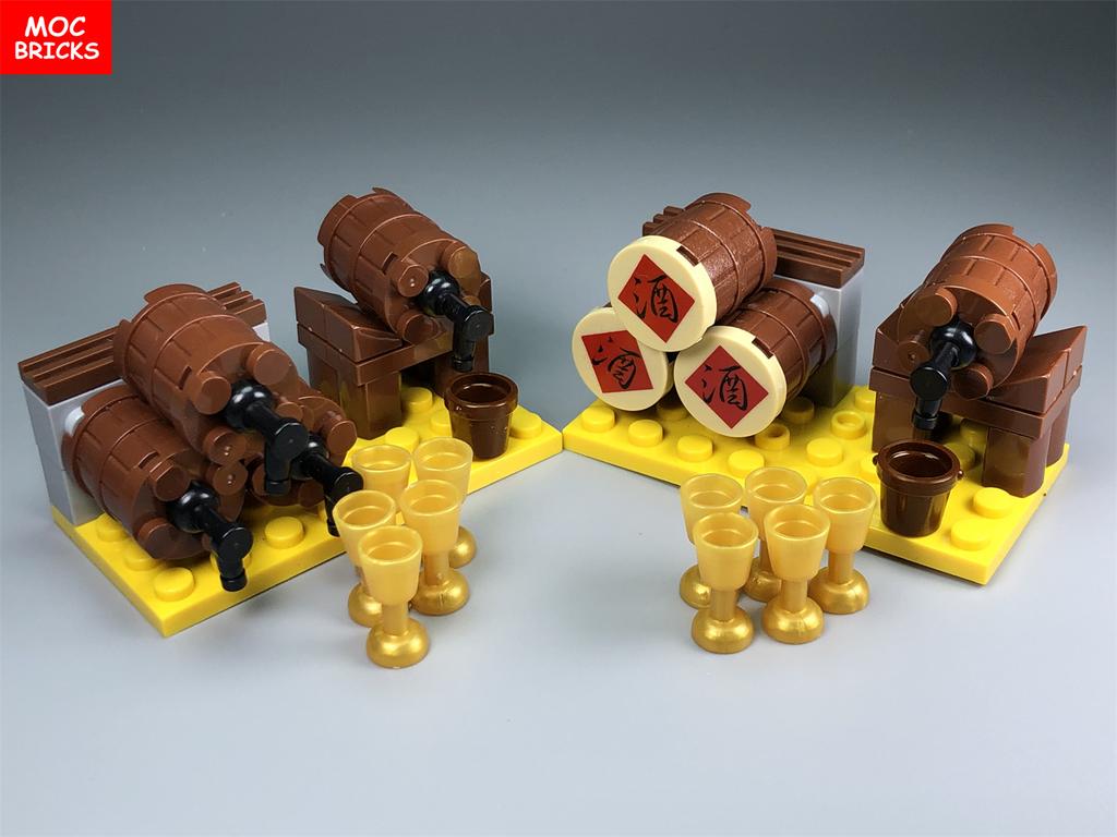 MOC Bausteine Weinfass Modell Actionfiguren Ecke des Kellers Küchenszene Bausteine Zusammengebaut Kinderspielzeug
