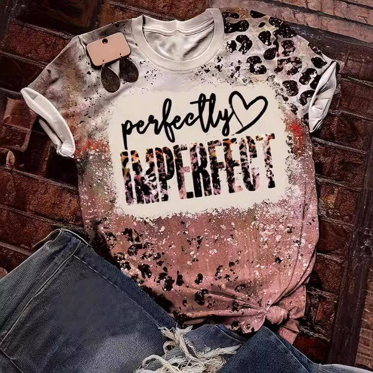 Leopard Print Letter Printed Short Sleeved Women's T-shirts Summer Street Round Neck Loose Top