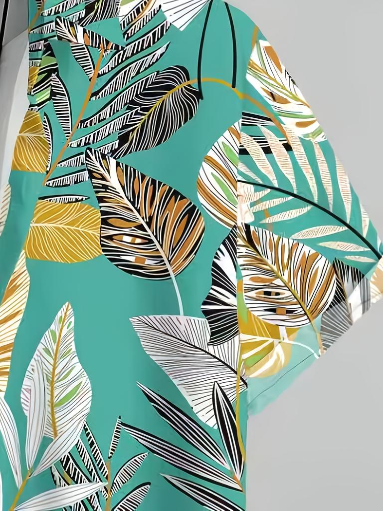 Men's Light Gray Golden Leaf Print Shirt| Luxury Retro Casual Short Sleeve| Versatile Daily& Vacation Wear
