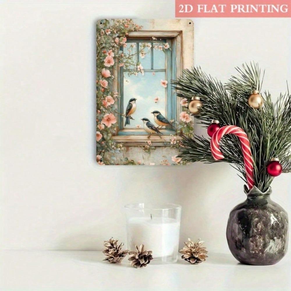 Vintage Rustic Birds Flowers Window Iron Wall Art 3D Visual Effect Home Decor 8x12 Inch