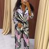 European and American large size fashion long-sleeved V-neck printing new women's shirt casual trousers African foreign loose suit