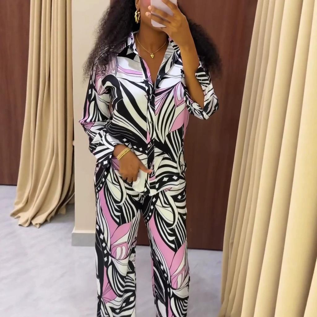 European and American large size fashion long-sleeved V-neck printing new women's shirt casual trousers African foreign loose suit