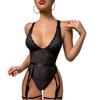 One Piece Strip Bodysuit Deep V Neck Triangle Cup High Waist Thong Sheer Sleepwear Black M