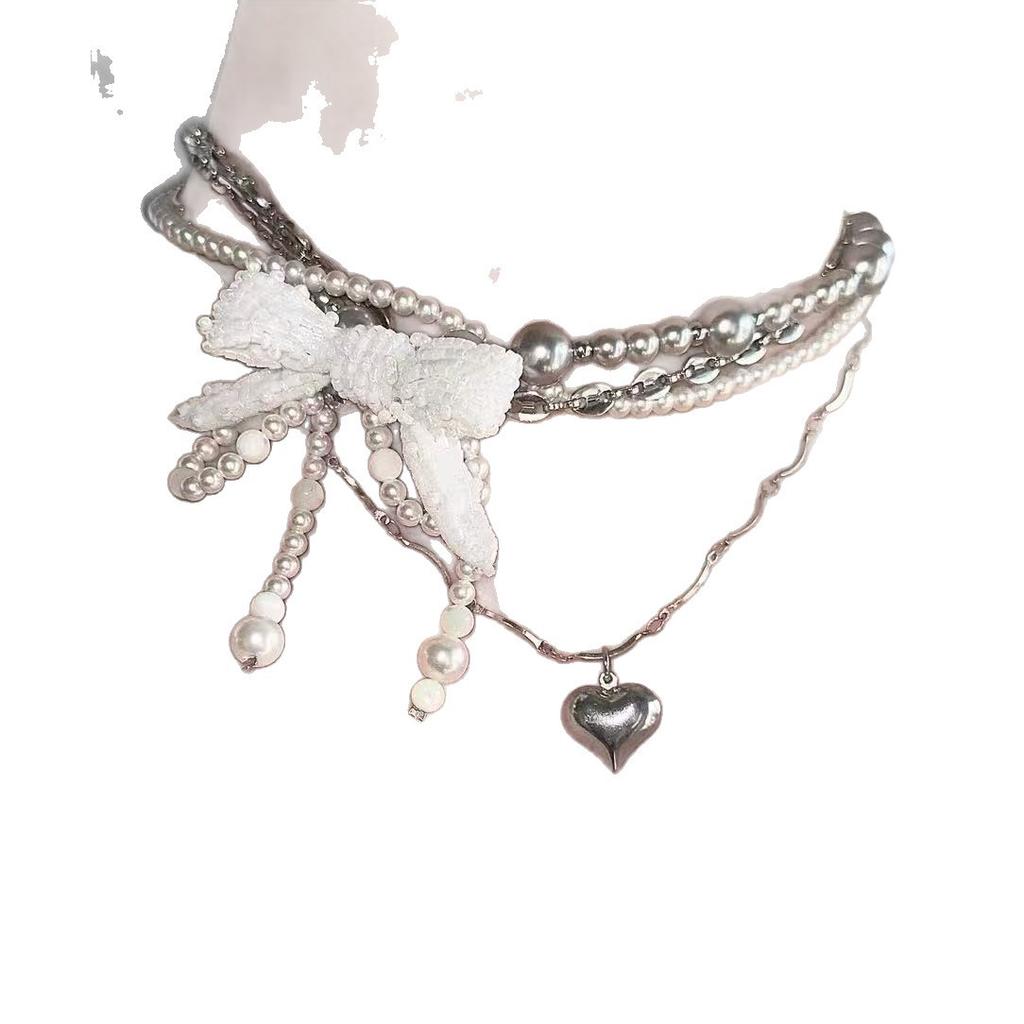 Wind silver love beaded necklace niche design girl retro high sense versatile collarbone neck chain