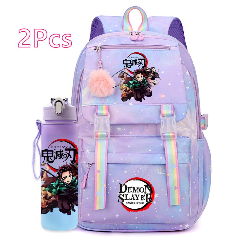 2Pcs/set Cartoon Demon Slayer Printed Backpack with 750Ml Water Bottler for Teenager Girl Boy Large Capacity Waterproof Bookbag Travel Bag Gift