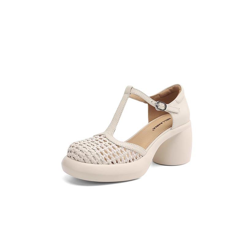 Sheepskin Version~ Baotou Sandals Women's 2025 Summer New Soft-soled Retro Woven Hollowed-out Thick Heel T-strap Single Shoes