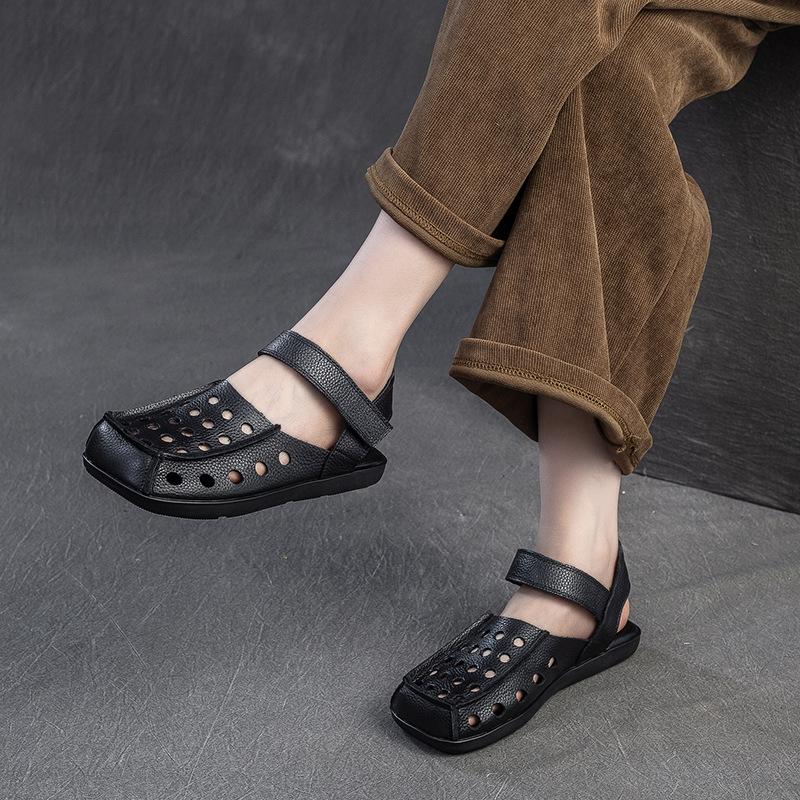 Fashion GKTINOO 2025 Spring Summer New Genuine Leather Flat Sandals Round Toe Hollow Retro Style Comfortable Soft Women's Shoes