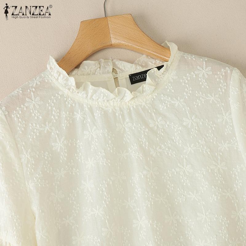 ZANZEA Women Casual Round Neck 3/4 Sleeve Loose Patchwork Cover Up Blouse