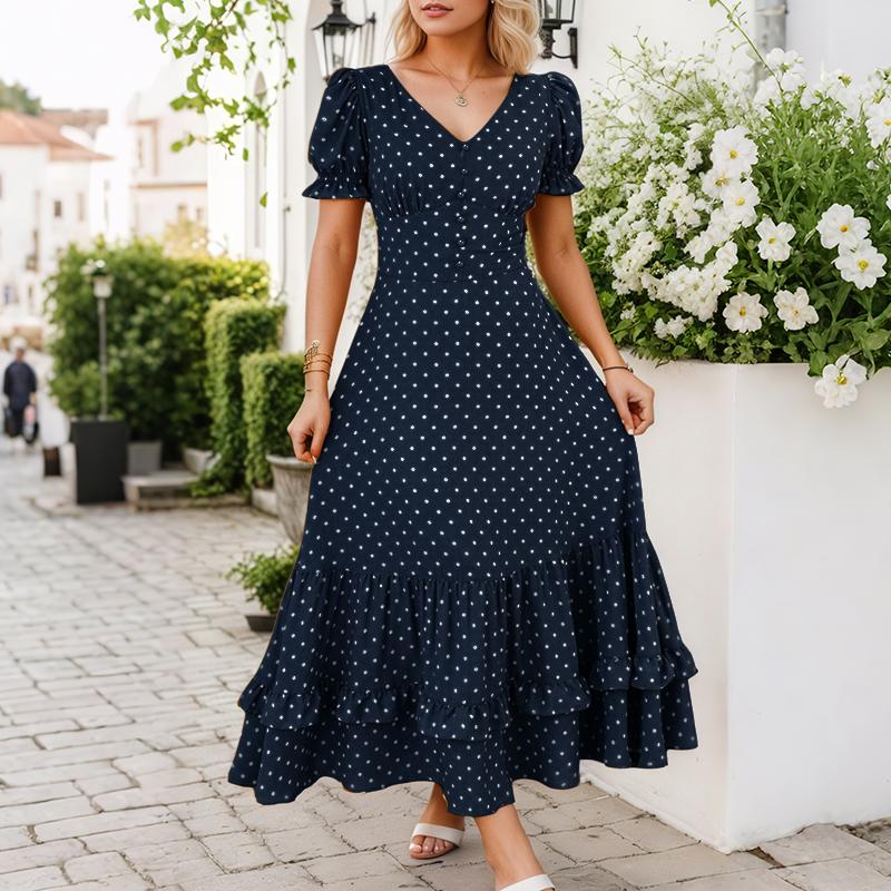 

ZANZEA Женское повседневное летнее платье с V-образным вырезом и короткими рукавами с принтом в горошек темно-синий