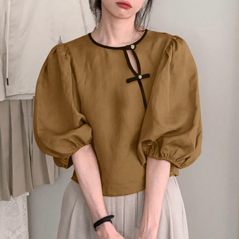 

VONDA Женская повседневная свободная блузка с круглым вырезом и коротким рукавом S хаки