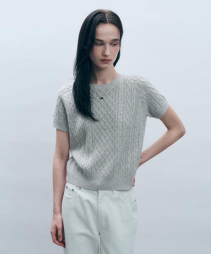 MONGDOL [From Italy] Cable Round Neck Short Sleeve Knit Top Mdkt100_5 Colors