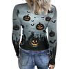 Womens Halloween Print Crew Neck Slim Fit Long Sleeve Base Layer Top Stretchy Casual Pullover Shirt with Patterned Design for Fall Season