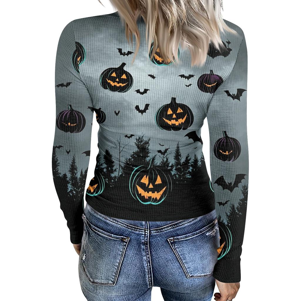 Womens Halloween Print Crew Neck Slim Fit Long Sleeve Base Layer Top Stretchy Casual Pullover Shirt with Patterned Design for Fall Season