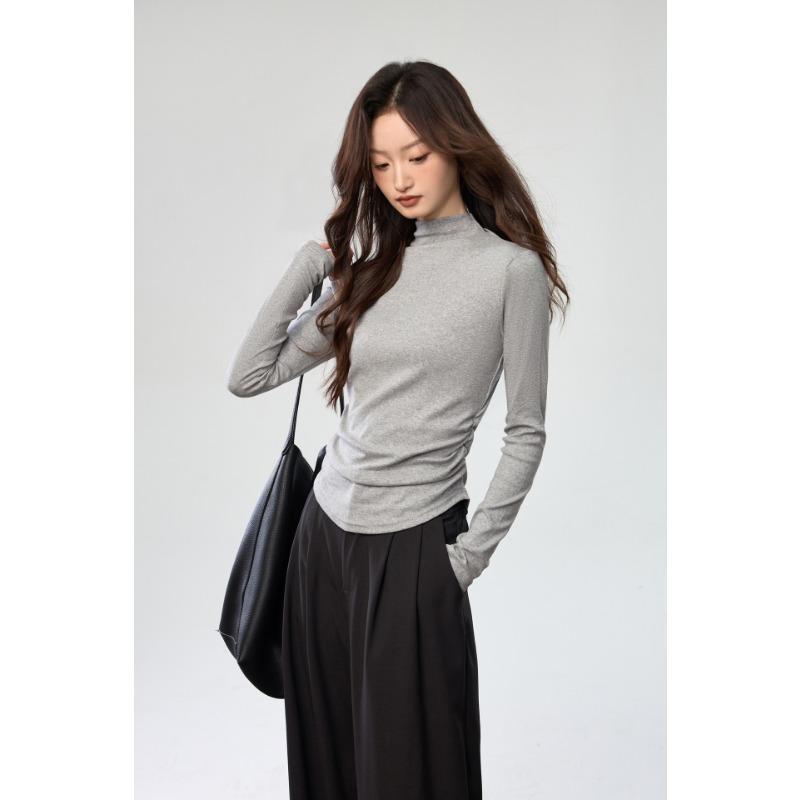Women Combed Cotton Half Turtleneck Long Sleeve Waist Fitted Pleated Bottoming T Shirt