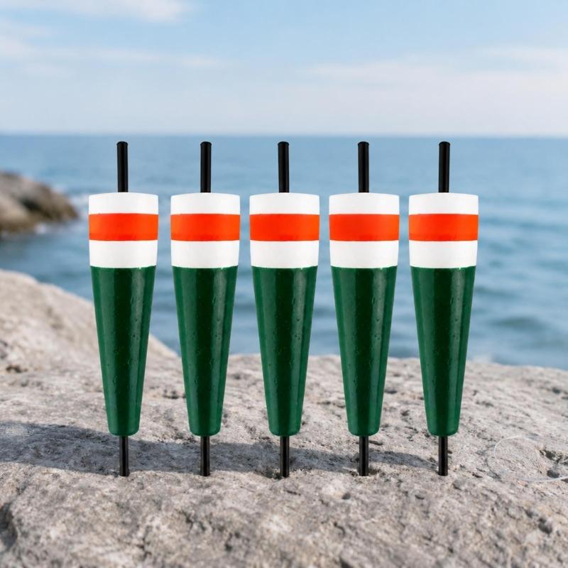 Fishing Bobbers for Nearshore Rock Angling and Coastal Casting, 5-Piece Molded Set with Tapered Shapes and Central Shafts