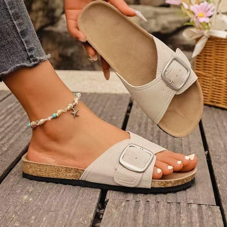 European and American fashion belt buckle open-toed cool slippers women's foreign trade thick-soled muffin slippers women's shoes large size Xia Xin