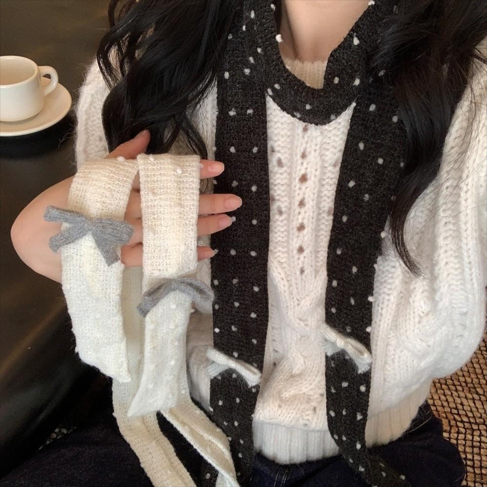 Harajuku Bow Wool Shawl Polka Dot Long Narrow Scarves Sweet Knitted Scarf  Outdoor