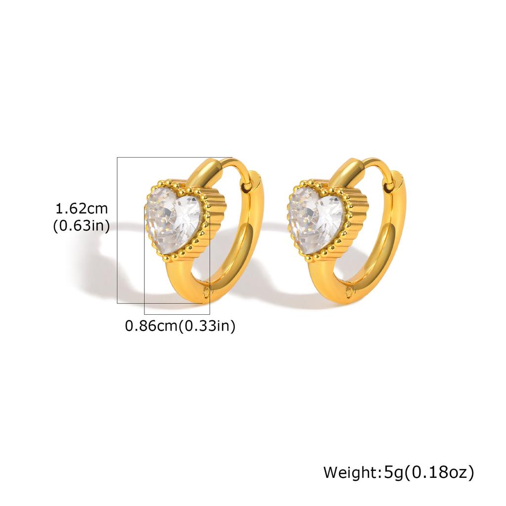 Heart Shape Cubic Zirconia Golden Hoops Earrings Women, Waterproof Stainless Steel Circle Huggies Small Ear Buckle Female Gift