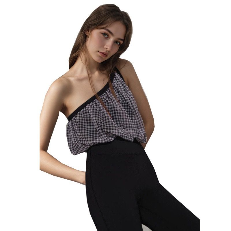 One Shoulder Gingham Beauty Back Exercise Bra Women's Oblique Shoulder Yoga Intimates Outwear Running Workout Vest with Chest Pad Slim Looking