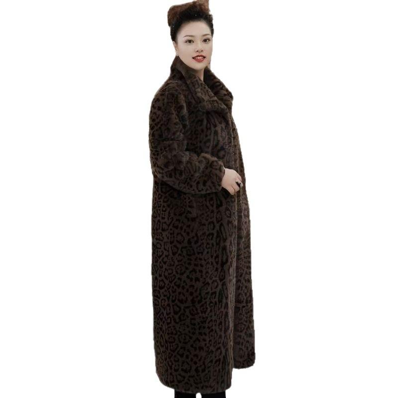 Long Leopard Print Winter Fur Integrated Coat Fluff New Thickened Knee Imitation Fur Fashion Warm