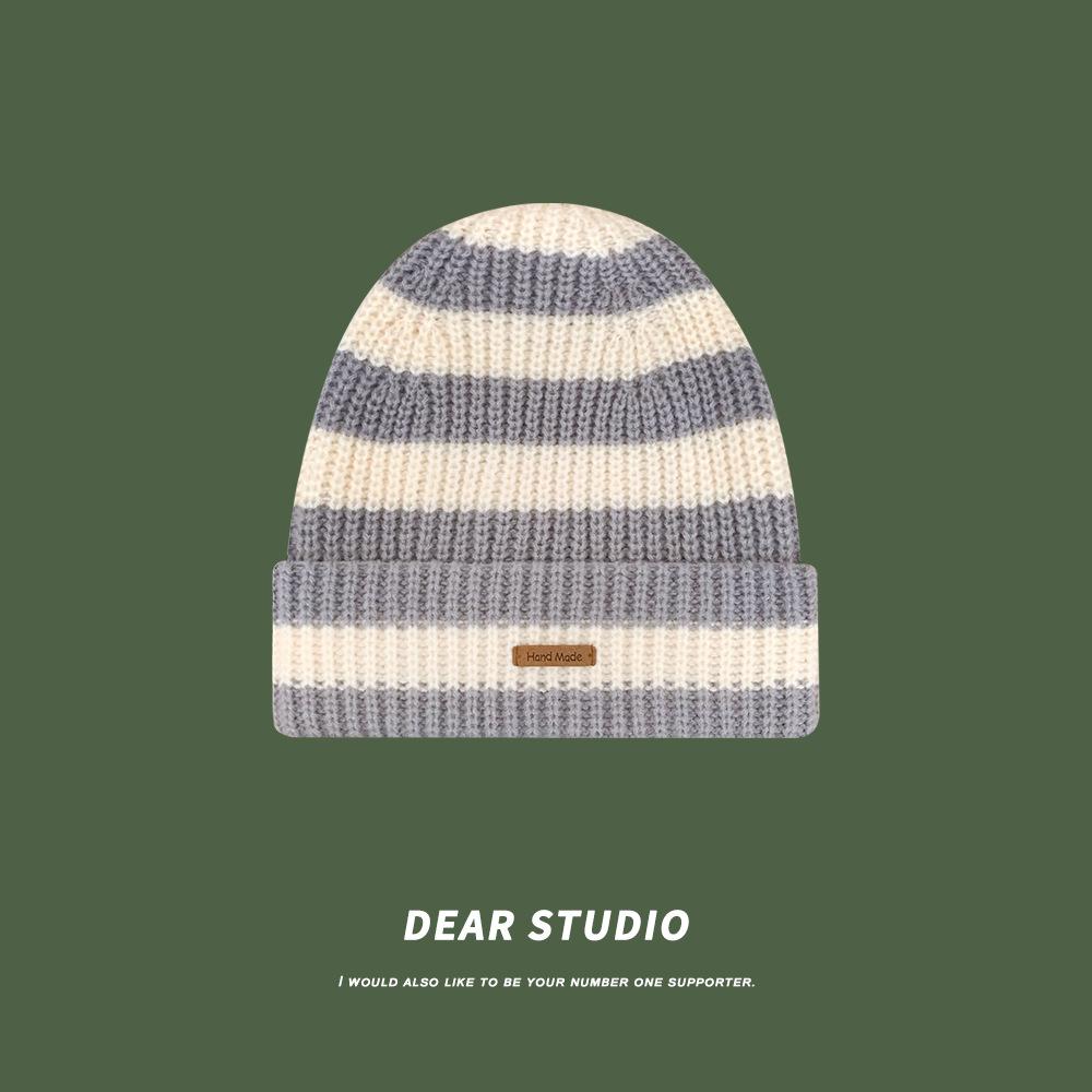 Japanese Striped Letters Small Label Large Version Wool Hat for Women In Autumn and Winter Warm Versatile Big Head Circumference Knit Pile Hat Trend