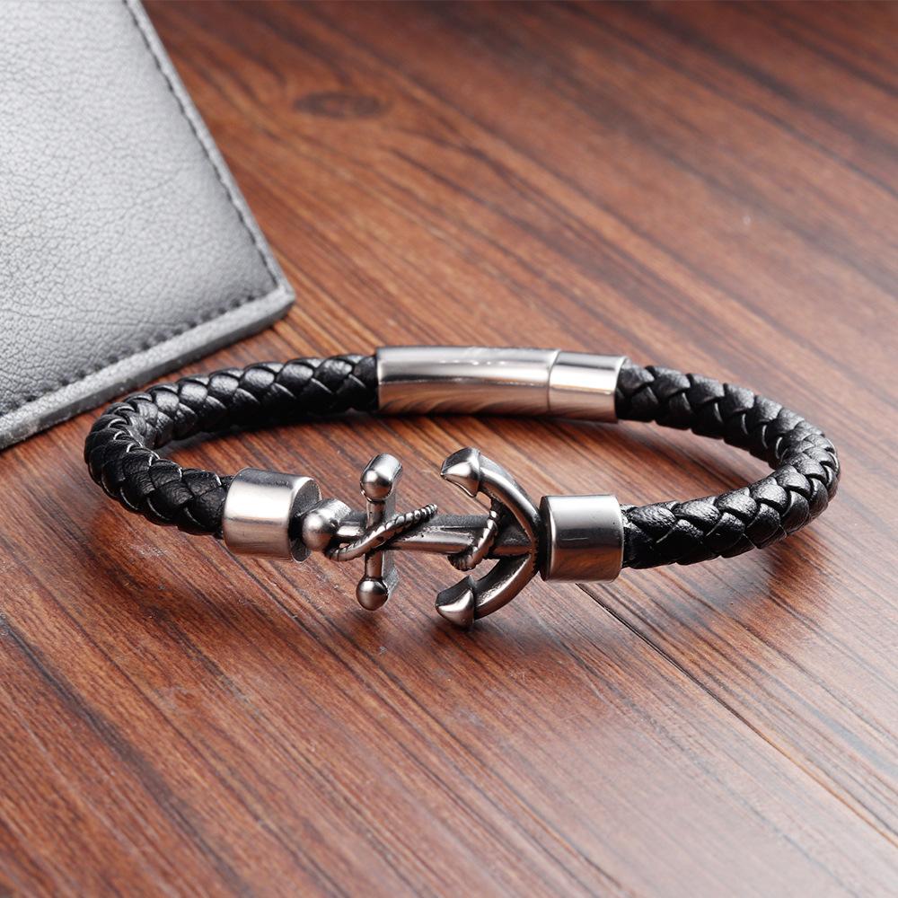Schwarzes Lederseil Rindsleder Herren Doppellagiges Leder Geflochtenes Armband Handgefertigt Mehrschichtiges Leder Ankerarmband