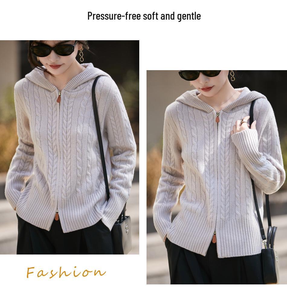 2025 Thickened Jacquard Knit Hooded Wool Cardigan: Women's Cable Knit Short Hoodie, Solid Color