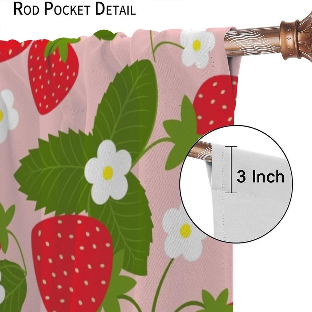 Fruit Window Curtains,Pink Cute Strawberry Green Leaves Flower Retro Art Print Window Drapes for Kids Girls Bedroom Living Room