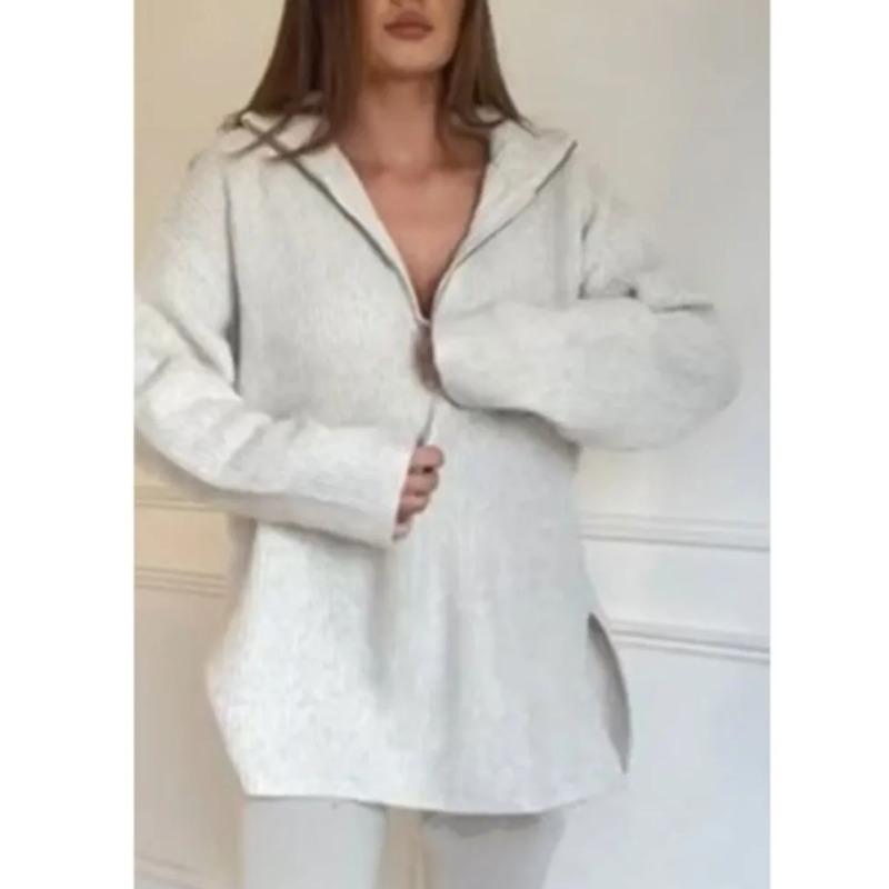Frauen lose gestrickte Pullover Langarm übergroße hohe Kragen warme Pullover Mode weibliche Herbst Büro Casual Pullover Top Wolle Reißverschluss Anzug zweiteilig