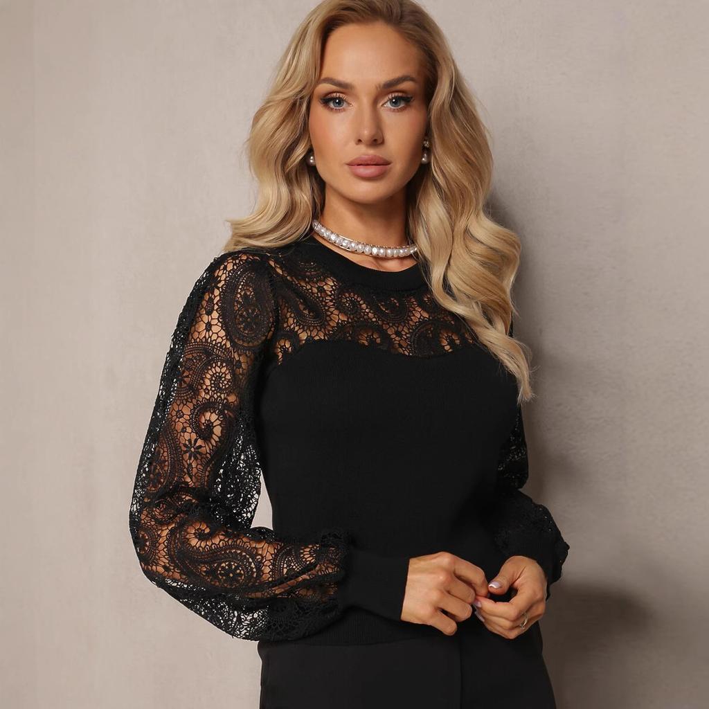 Damen Spitze Patchwork Langarm Rundhals Figurbetont Gestricktes Oberteil Elegant Lässiger Pullover für Damen