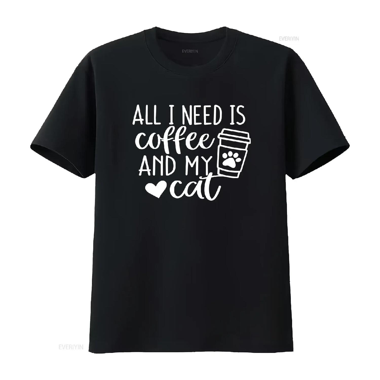 

All i need is coffee and my cat unisex t shirt for lovers vintage Washed graphic Stylish Versatile Casual Comfortable Unisex S чёрный