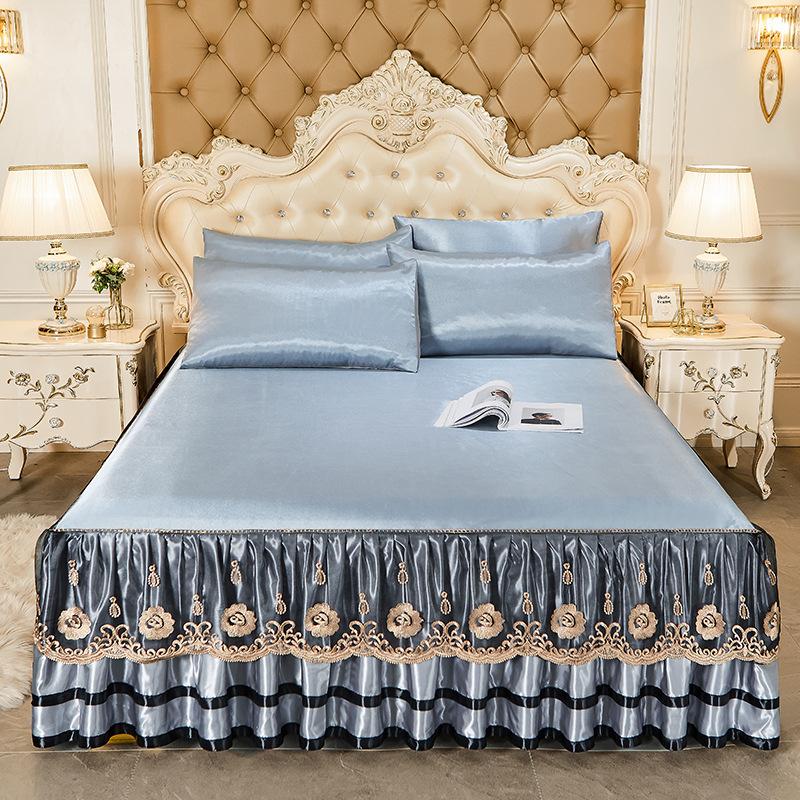 Blondertilpasset laken Luksus sengetøysett Romantisk ismatte sammenleggbare broderte laken Lin Sengetøy Queen Sengeteppe med skjørt