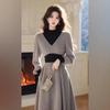 Women's Gray Knitted Turtleneck Sweater Dress - Elegant Winter 2024 Long Skirt