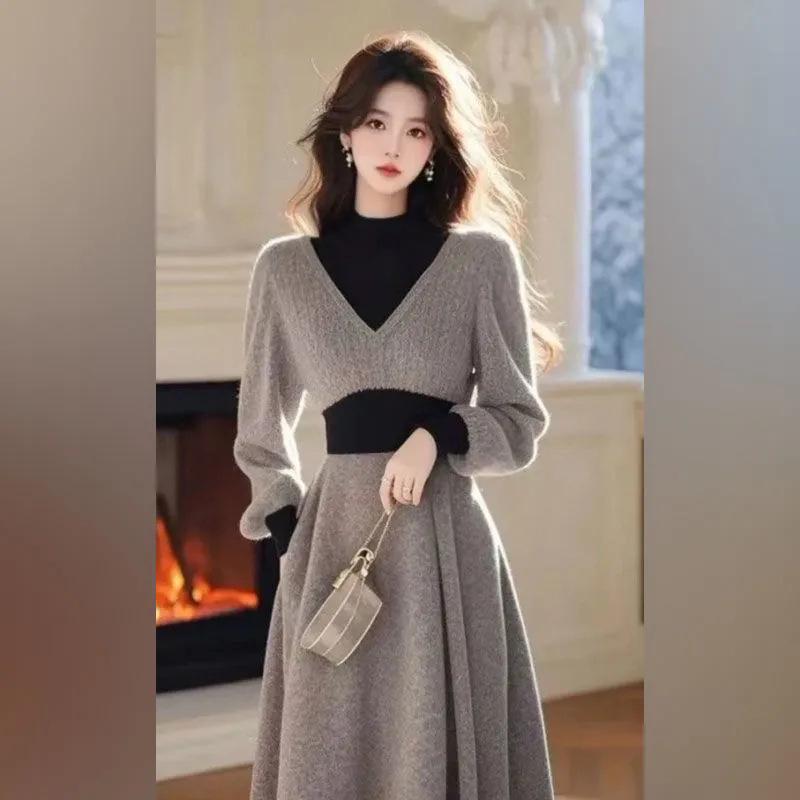 Women's Gray Knitted Turtleneck Sweater Dress - Elegant Winter 2024 Long Skirt
