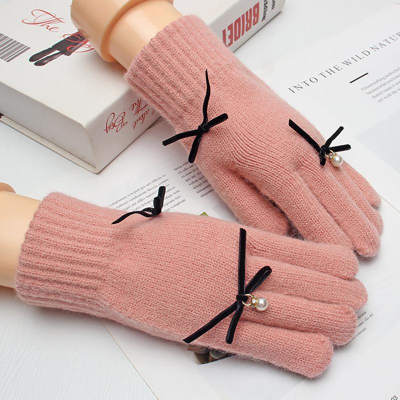Bow Gloves Women's Winter Versatile Touch Screen Student Outdoor Cycling Warm Five-finger Knitted Wool Hand Socks