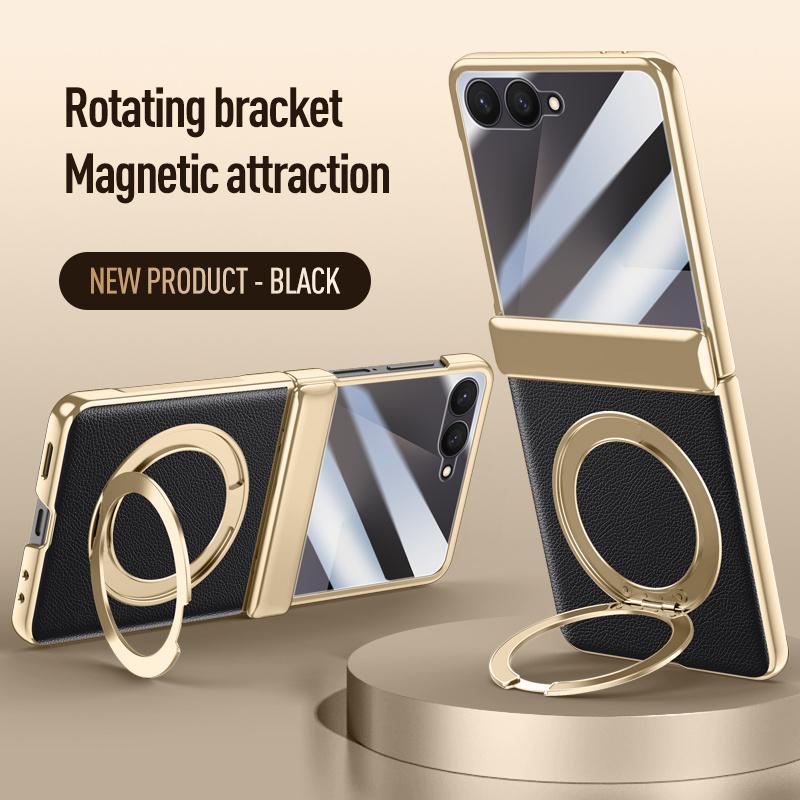 

Rotate Metal Magnetic Bracket Spring Hinge Glass Protect Film Case For Samsung Galaxy Z Flip7 Wireless Charging PU Leather Cover For Galaxy Z Flip 7