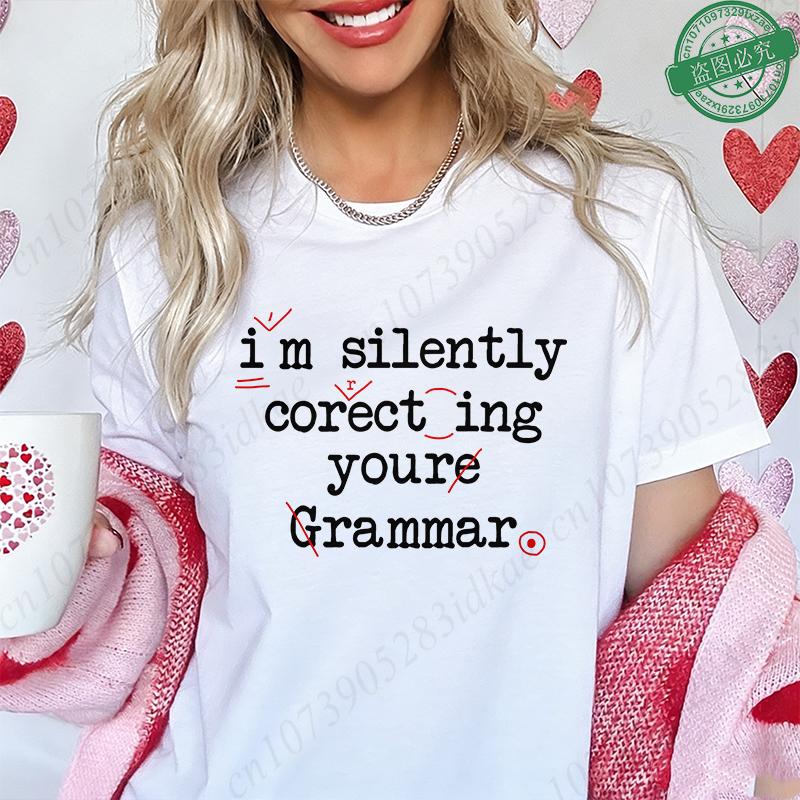 

Funny Grammar Humor T-Shirt I m Silently Correcting Your Grammar , Red Proofreading Marks Graphic Tee, Women Short Sleeve Tops XL