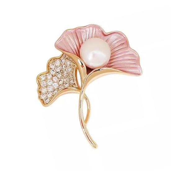 Ginkgo Leaf Brooch Elegant Faux Pearl Lapel Pin Rhinestone Leaf Brooch Pin for Women Coats Shirts Scarves Shawls Bags розовый