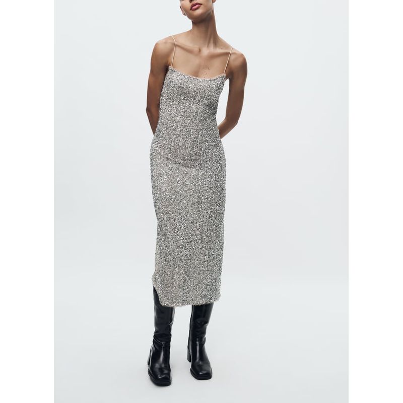 Za Autumn New Camisole Round Neck Sexy Slimming Dress Beads Decoration Underwear Style Dress 9204110