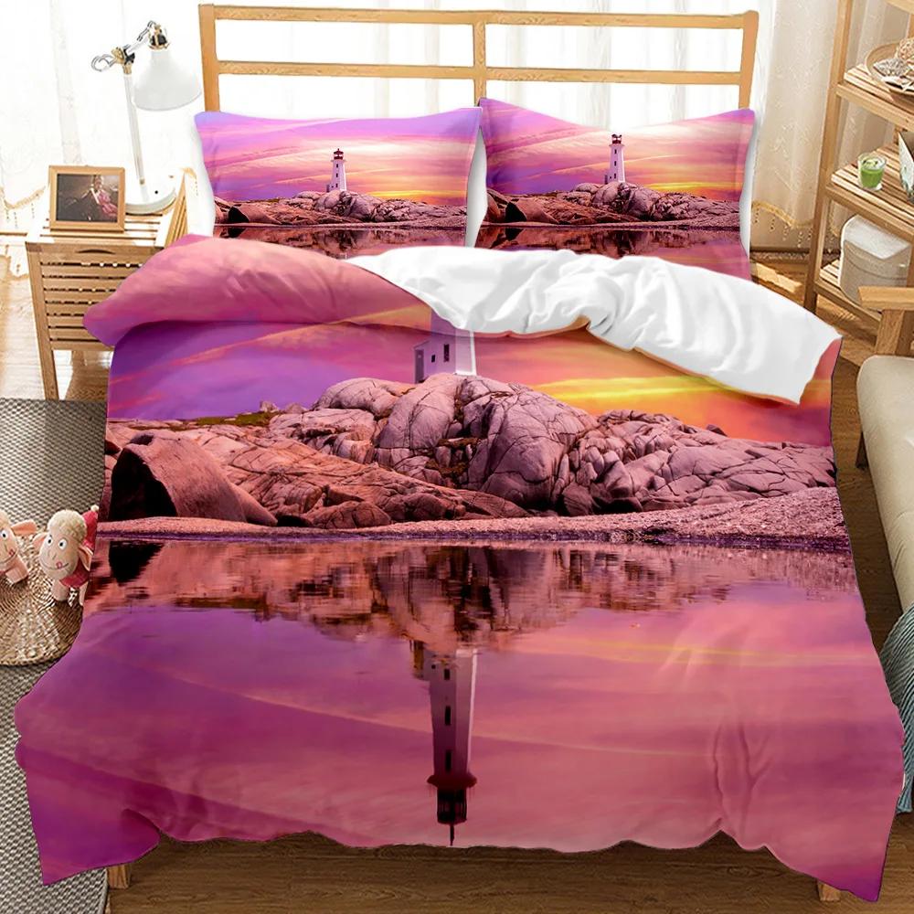 Lighthouse Duvet Cover Ocean Comforter Cover Nautical Quilt Cover Sunset Nature Double Queen King Size Polyester Bedding Set