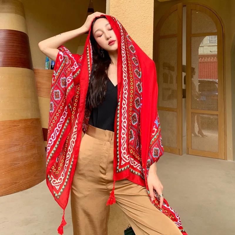 Ethnic Shawl Scarf Seaside Sunscreen Beach Silk Scarf Red Big Yarn Women'S Desert Travel Ladies Po Accessories Ladies