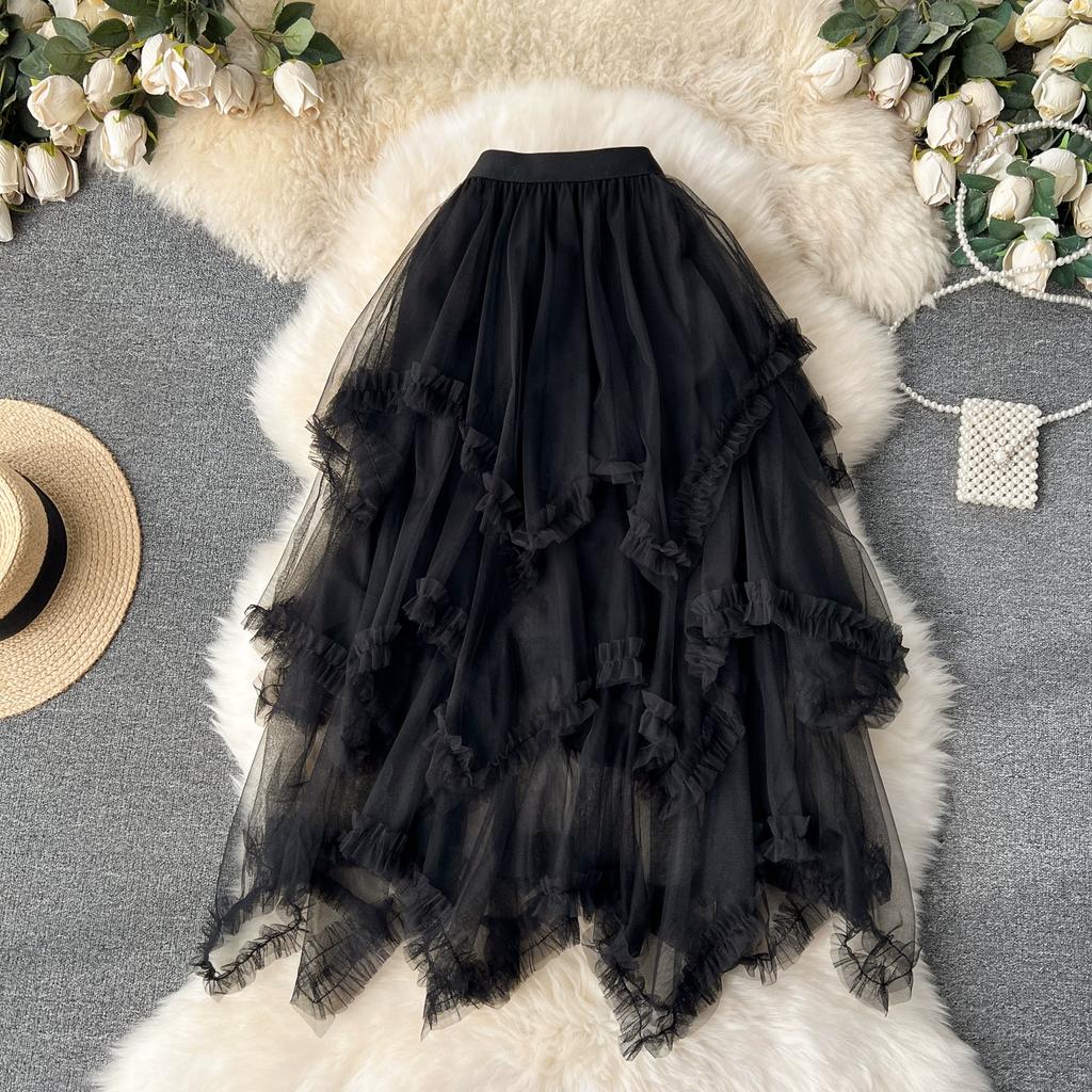 Letní Dámská Elegantní Elastická Vysoký Pas Síťovaná Princeznovská Dlouhá Midi Nepravidelná Dortová Sukně