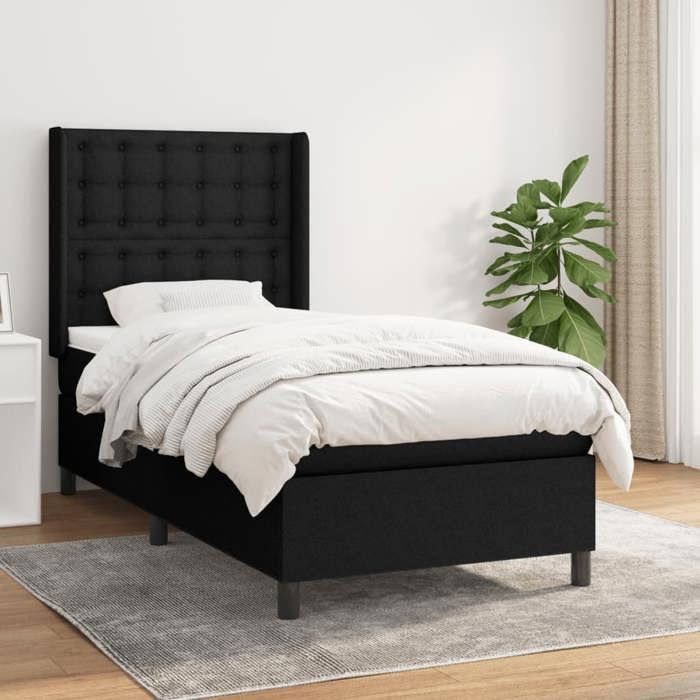 Sommier à lattes avec matelas - Noir - 90x200 cm - Tête de lit réglable - Surmatelas inclus