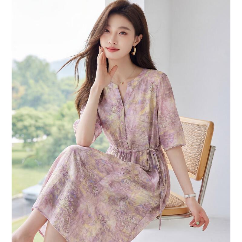 Ou Di Fu Women s Elegant Floral Pleated Chiffon Midi Dress L