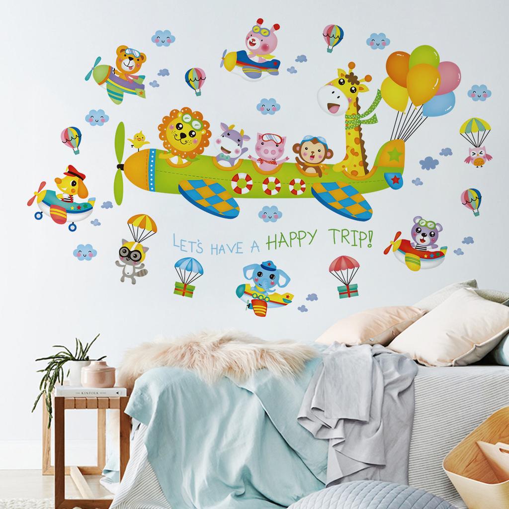 Cartoon Animal Wall Sticker Music Party Plane Balloon Decor Kids Room Nursery Vinyl Removable Decals