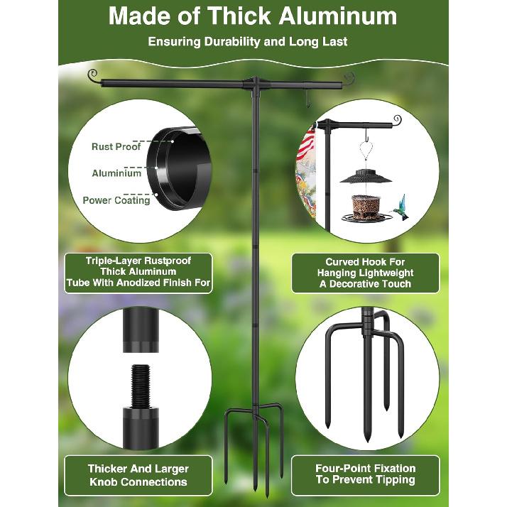 Garden Flag Holder Stand with Shepherds Hooks, 63 Inch Extra Thick Weather-Proof Powder-Coated Yard Flag Holder with 4 Prong Base, Heavy Duty 3/4